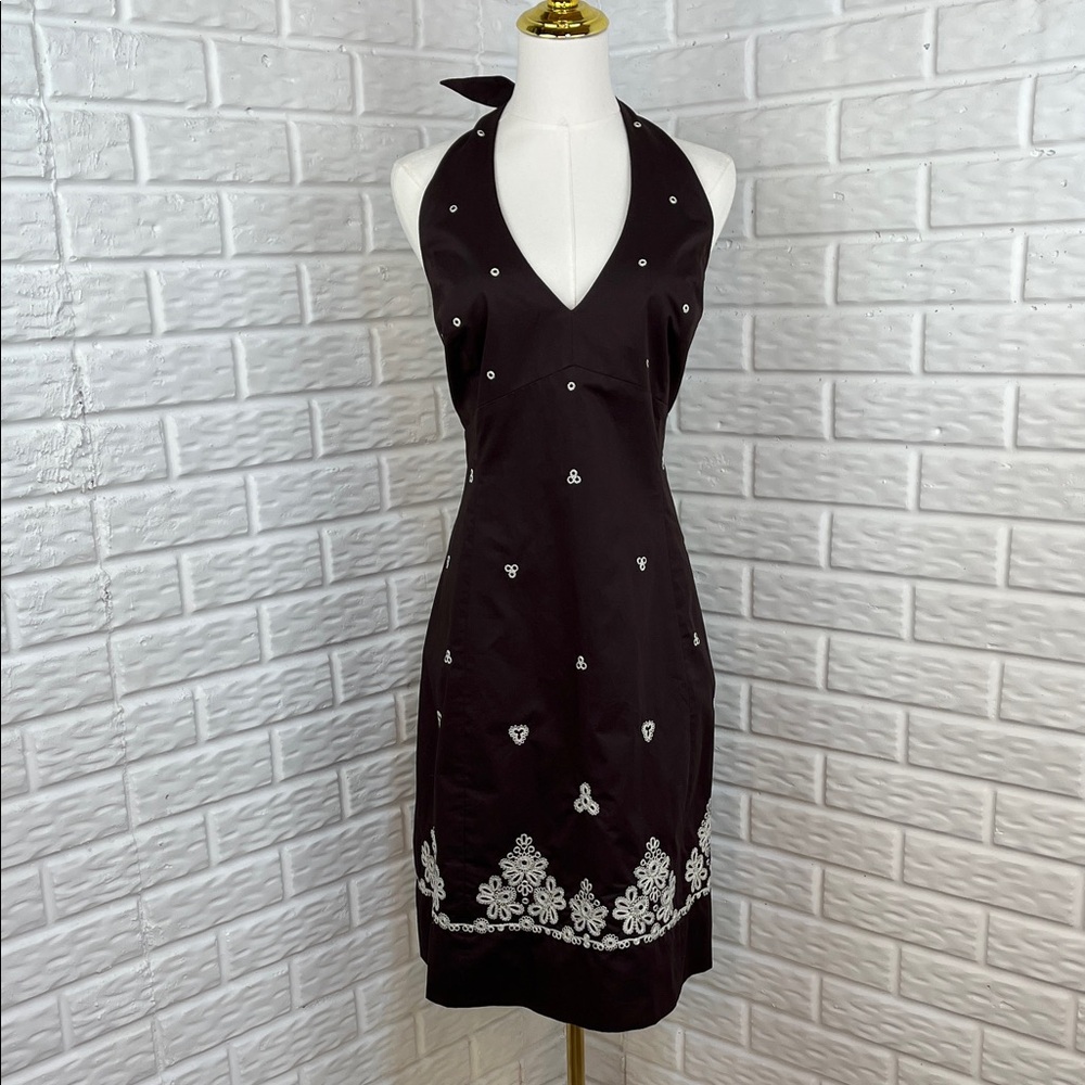 JONES NEW YORK DRESS HALTER 100% COTTON BROWN WITH EMBROIDERY and LINED SZ 16